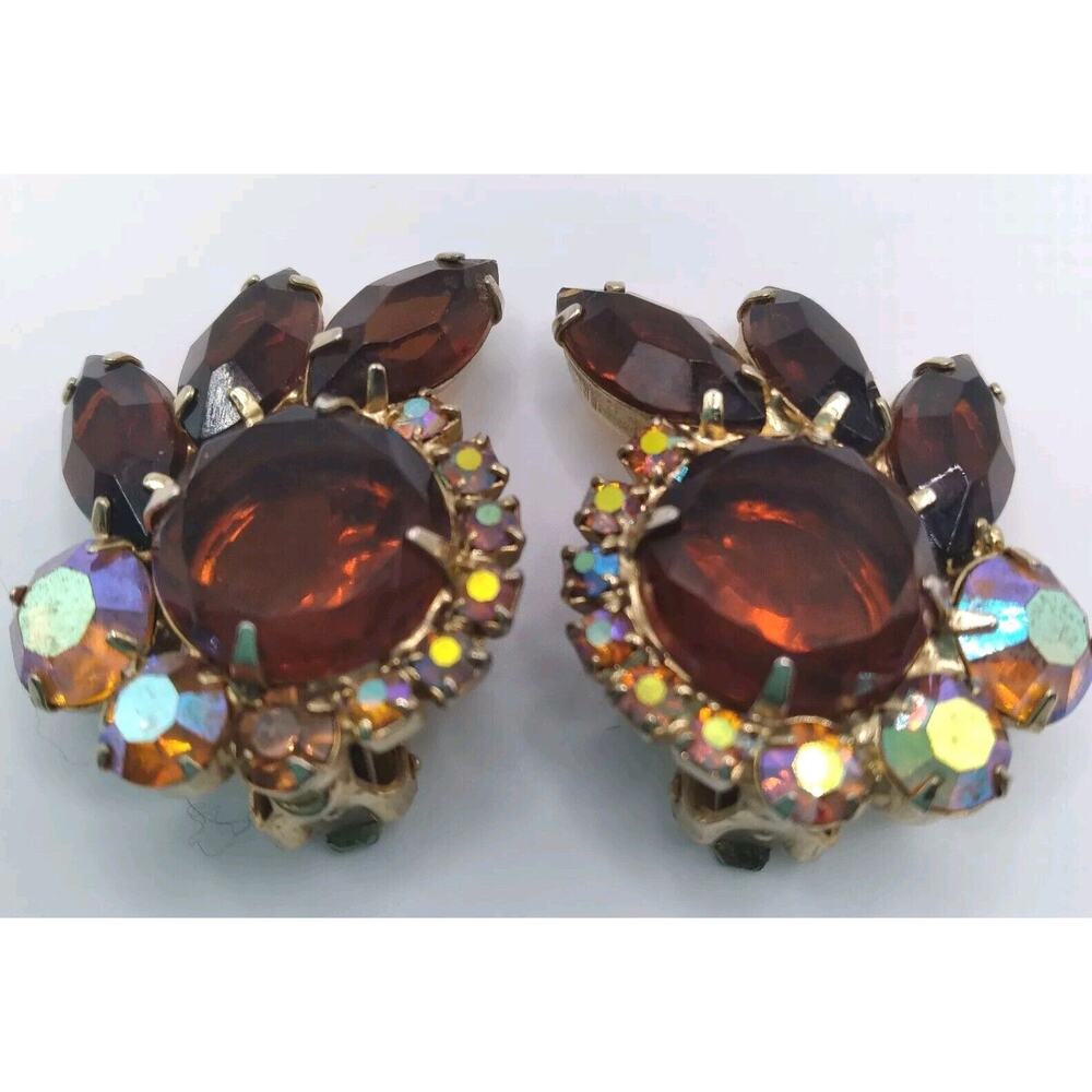 Vintage Earrings Clip Juliana ? Brown Cluster AB Rhinestones Navets Goldtone